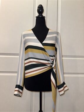 Zara Striped Wrap Blouse in White, Mustard, Olive & Taupe